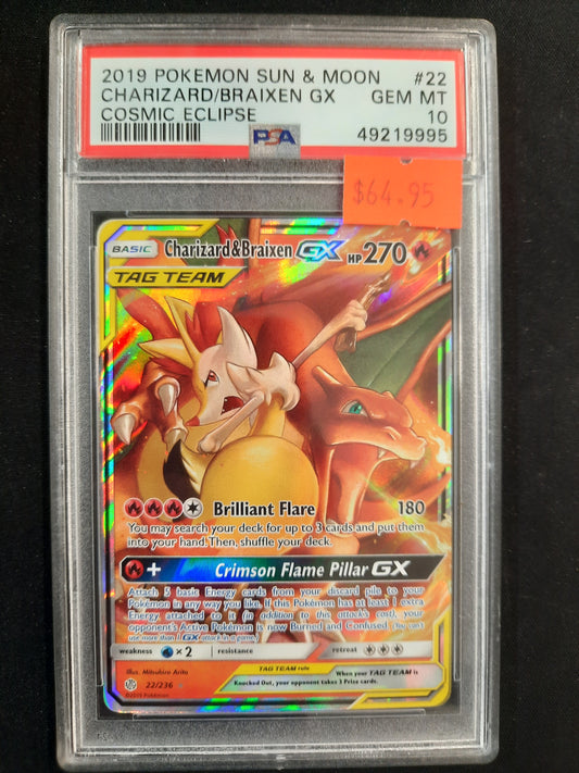 PSA 10 #22 Charizard & Braixen  GX- Cosmic Eclipse