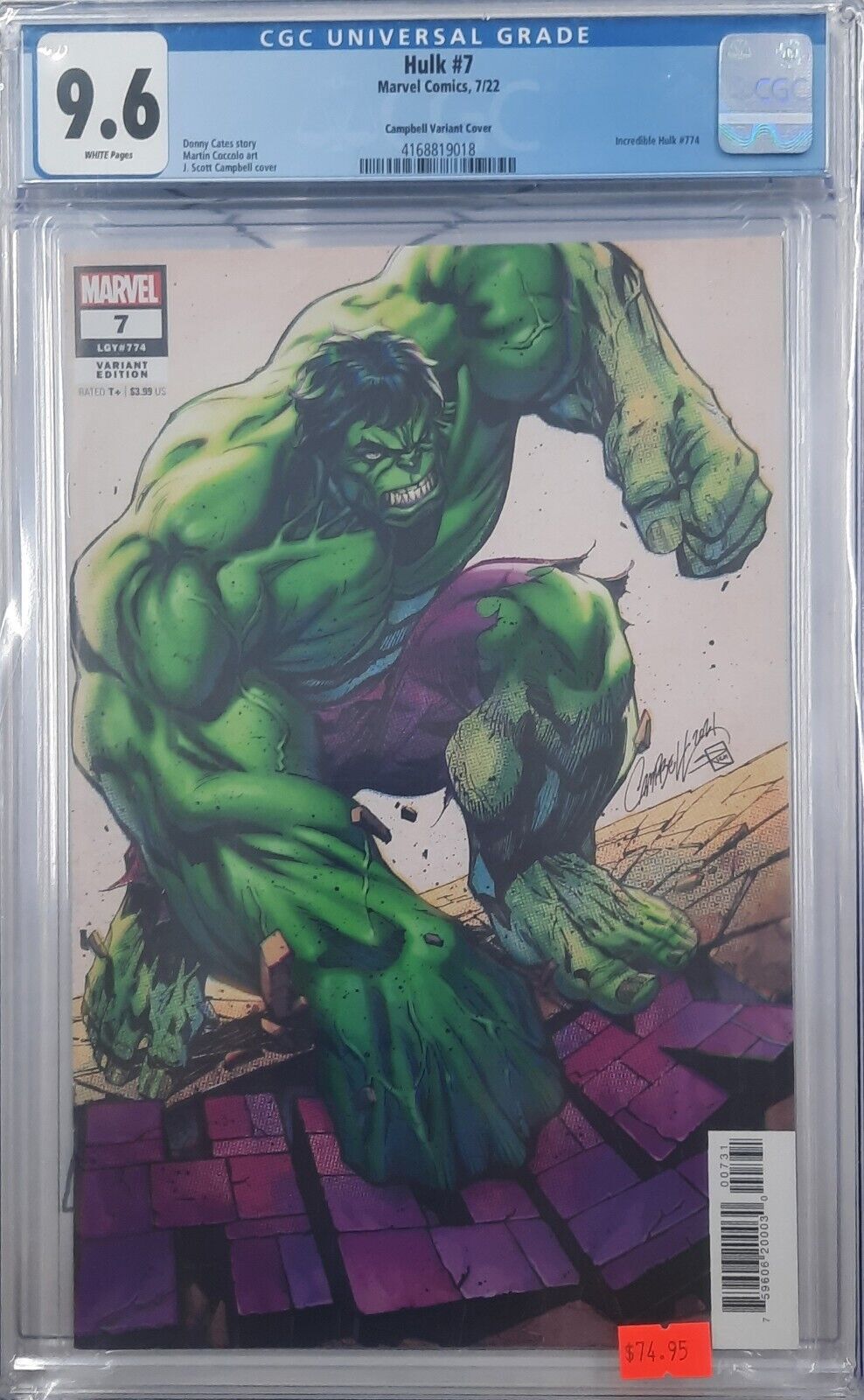 CGC 9.6 Hulk #7 Marvel Comics, 7/22 Campbell Variant Cover